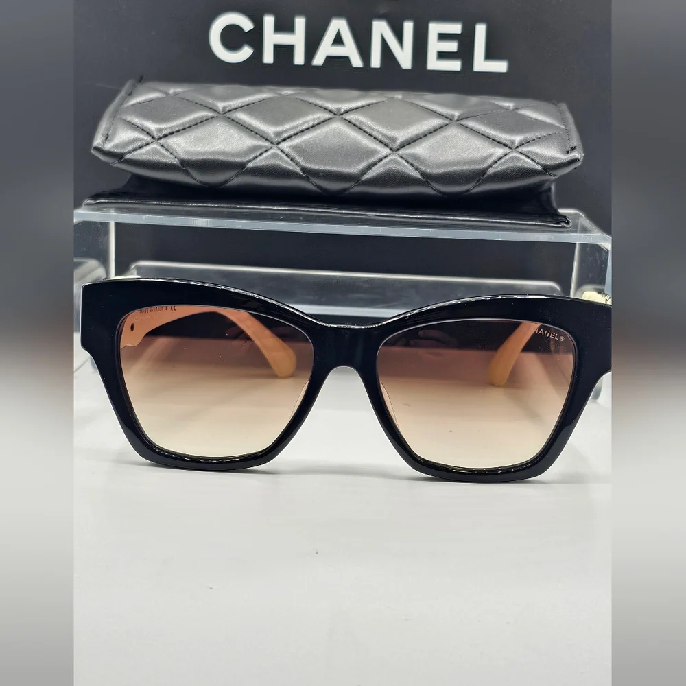CHANEL CREAM AND BLACK SUNGLASSES CRYSTAL 5456QA C501S5 - Picture 8 of 12